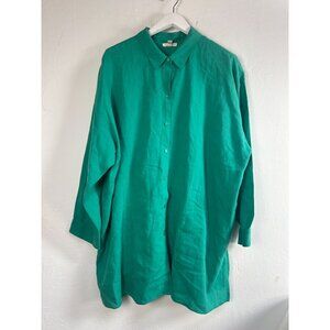 Eileen Fisher Women Green Organic Linen Button-Up Long Sleeve Shirt Tunic 2X New